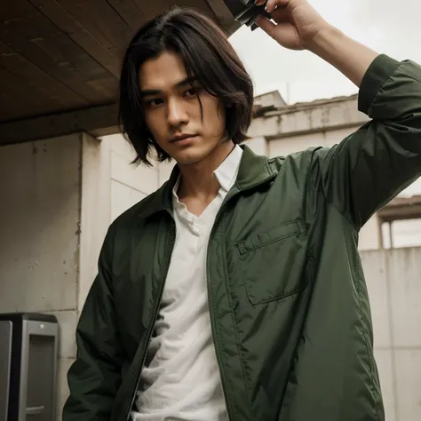 there is a man who is wearing a green jacket and a brown tie, o ator dori sakurada with black hair, com cabelo curto.