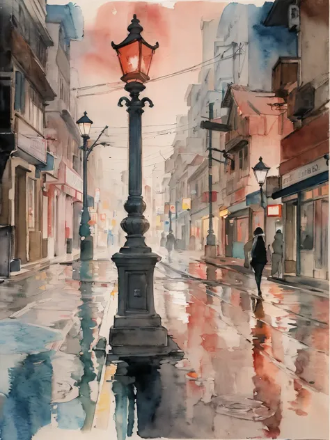 Street lamps standing in the streets make the red mailboxes and town bulletin boards stand out in the dark night.、The three colors of watercolors blur and mix to reveal a woman. The outline of the blotches, which is not clear, takes shape and appears to be...