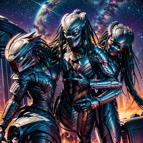Metropole (Predator`s Planet) radiant Nebulae stars hyper borealis starry_sky shootingstar vivid sunset panoramic sunrise epic sunshine (Predator from the movie) wearing heavy sexy armors outfit leather, Predator riding a horse palefroi jump in the sky aro...