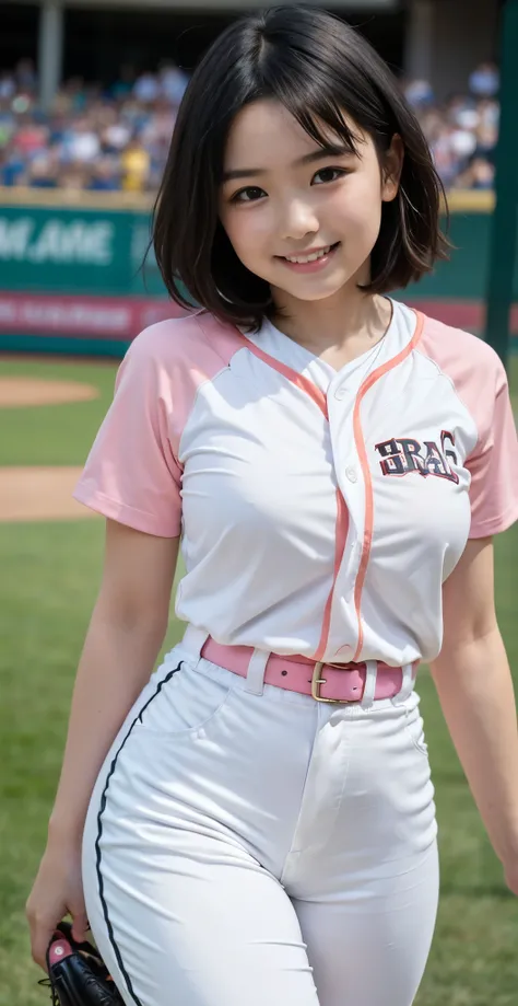 （8K、Raw photography、highest quality、masterpiece：1.2),(black haired、very short hair:1.8),show viewer,Looking at the front,erotic,white skin,(wearing a pink and white baseball uniform:1.6)、(Clothing that emphasizes the shape of your chest、exposing one&#39;s ...