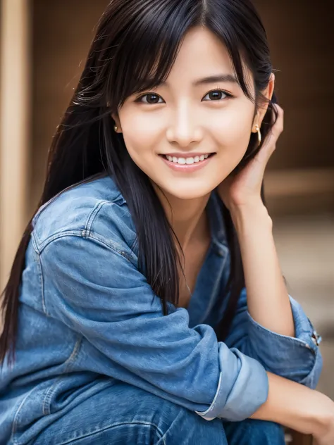 Japanese lady, 20 years old, casual outfit, long black hair, colored inner hair, empty eyes, earrings, smile, depth of field, cinematic lighting, Canon, f/1.2, cowboy shot, UHD, masterpiece, anatomically correct, textured skin, super detail, high quality, ...