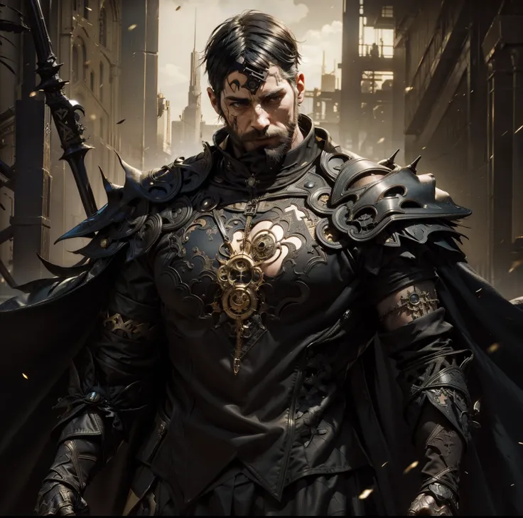 (A bearded man Style by Raymond Swanland, Superman in ornate black & golden armor & black cape (((in aesthetic Nier Automata))) ), gothic_artstyle, Modernist Simplicity, Vibrant, Cyberpunk Chaos