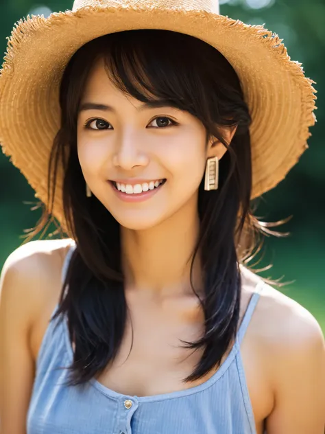 Japanese lady, 20 years old, summer, casual outfit, long black hair, colored inner hair, empty eyes, earrings, smile, depth of field, cinematic lighting, Canon, f/1.2, cowboy shot, UHD, masterpiece, anatomically correct, textured skin, super detail, high q...