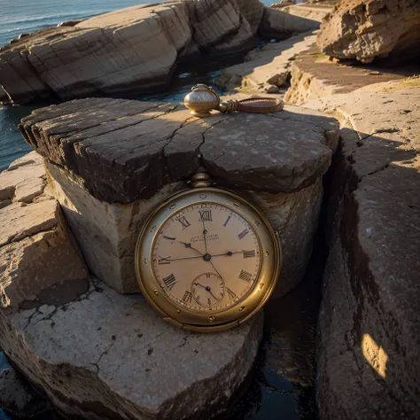 Design a captivating profile picture featuring an old gold pocket watch placed atop a weathered rock perched on the edge of a cliff. Infuse the image with a timeless and nostalgic ambiance, using warm and subdued colors to convey a sense of history. Pay at...