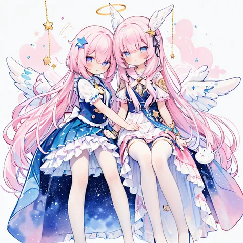 Girls, angel girls, light pink hair, white fluffy, ribbon, star-shaped rings above the head, stars, light purple eyes, pastel colors, frills, twinkling, long hair , cute , watercolor style , background white, dream, to keep two legs together-keep ones legs...