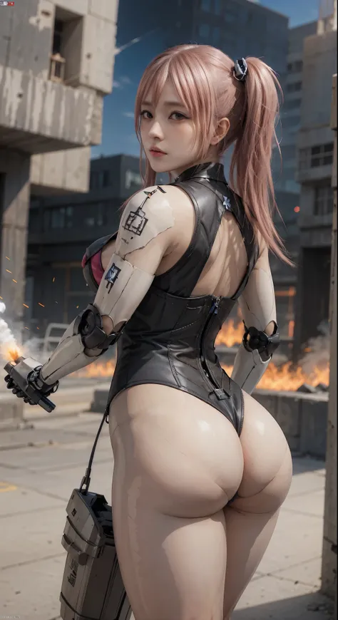 lifelike，dense smoke, high resolution, fire， soft light,1 female, alone, Buttocks up, (Detailed face), pink hair, pistol，long hair, Mecha girl, fallouts，Armageddon，Mechanical parts box，smoke , joint, knife， single mechanical arm,gun， Mechanical limbs，ruins...