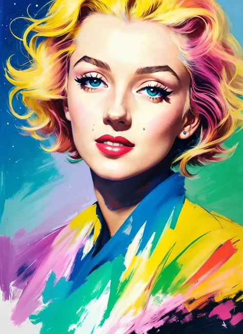 une peinture de Mme Marilyn Monroe par Agnes Cecile,1 fille, seulement, Design lumineux, Couleurs pastel, Couleur sourdine,  gouttes d’encre, goutes deau, arrière plan constellation d Dorion, avec des étoiles. Lumières d’automne, Créer une œuvre d’art numé...