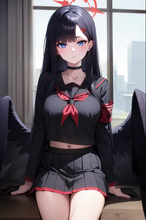 ichikanakamasa, ichika nakamasa, ahoge, black hair, black wings, feathered wings, hair ornament, hairclip, halo, long hair, low wings, red halo, wings,
BREAK armband, black choker, black gloves, black sailor collar, black serafuku, black skirt, choker, glo...