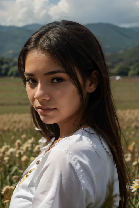 colombian girl, sad, the background is field, perfect place, perfect girl, best quality, hiperrealistic photo, frontal photo, 