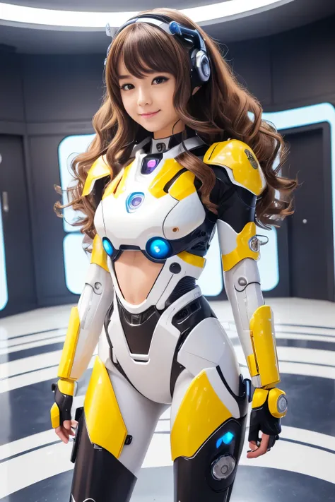 (highest quality, High resolution, masterpiece:1.2), Super detailed, realistic:1.37, (perfect anatomy),1 girl,actress, cowboy shot, cute and beautiful university girl, Transform into a kawaii robot,standing posture,laughter,beautiful eyes,beautiful skin, d...