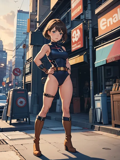 1girl, superhero, leotard, bare legs, boots, standing, solo focus, tight belt, hands on hip, full body shot, mature lady, city backdrop, sleeveless 