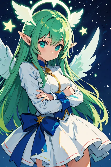 anime girl elf with cute angel wings green and blue with stars around her make it as a desktop wallpaper