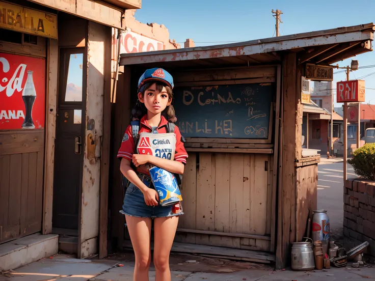 3D Aware LSD Inca city with a girl, (shy), Painting of a girl holding a can of cocacola in a old gas station, Art by Norman Rockwell. more detail XL Digital Art, art by Ray Shark Salvador Dali  