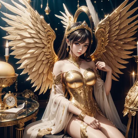 Arafi woman with D cup breasts wearing a golden dress with golden wings, of beautiful angel, full body angel, young one angel, Angelic, of an beautiful angel girl, ornate cosplay, beautiful angel, graceful wings, beautiful female angel, angel themed, angel...