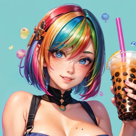 Rainbow hair,short hair,freckles,blue eyes,huge breasts,boba,bubble tea, smile,lips,simple background,