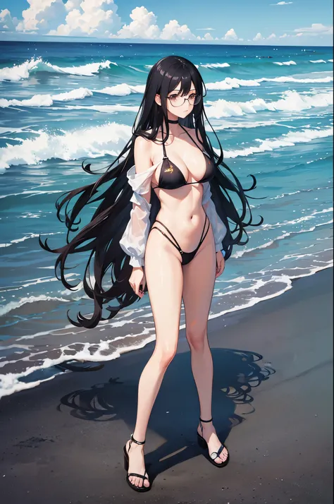 1woman, long black hair, glasses, gray eyes, swimsuit, beach, standing on ground, high res, ultra sharp, 8K, masterpiece