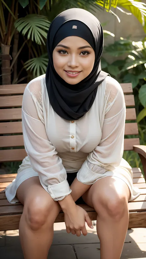 ( Close Up),RAW, Best quality, high resolution, work: 1.3, beautiful Malay woman in hijab, beautiful big eyes, smiling, beautiful face, shiny lips, soft smile, medium portrait, watery eyes, big breasts,thick thighs, woman sitting on a bench with a hat on s...