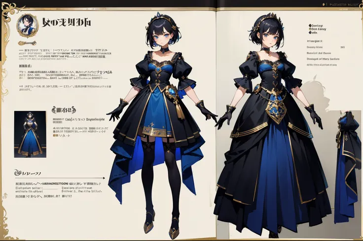 ((masterpiece, highest quality)), detailed face, character sheets, full body, full of details, Multiple poses and expressions, very detailed, Depth, many parts, 1 girl, very short black hair, blue eyes, dress fantasy, fantasy gloves and stockings, black ch...