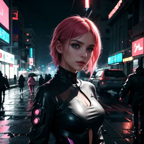 obra-prima, arte conceitual, close shot, altamente detalhado, centrado, 1girl em um (vestido de cor brilhante) Standing in the rain, dreamy cyberpunk girl, cyberpunk art style, cyberpunk beautiful girl, cyberpunk girl, model girl, cyberpunk vibe, bela arte...