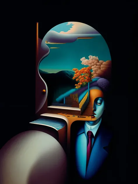 pintura de um homem sentado em uma escada com um homem parado na porta, illusion surreal art, pintura surreal, arte sombria surreal, arte surreal sombria, surreal oil painting, arte surrealista emocional, existencialismo surreal, pintura surrealista, a pin...