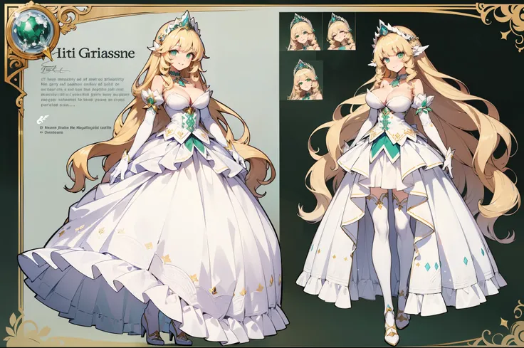 ((masterpiece, top quality)), detailed face, character sheets, full body, full of details, Multiple poses and expressions, very detailed, Depth, many parts, 1 girl, (large breasts) very long curly blonde hair , green eyes, white fantasy princess dress, whi...