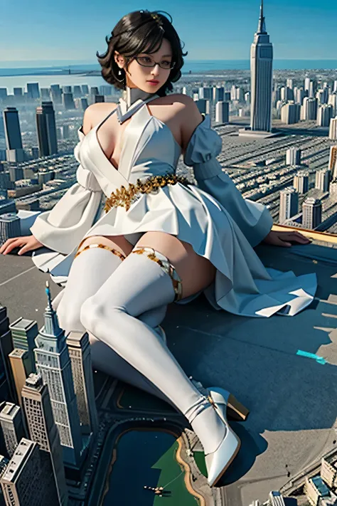 Giantの芸術, 非常に詳細なGiantショット, Giant, short hair, black pantyhose, A giant princess much bigger than a skyscraper, wearing rimless glasses, big breasts, big ass, White luxury dress, white pantyhose, white high heels, very small metropolis, miniature metropolis...