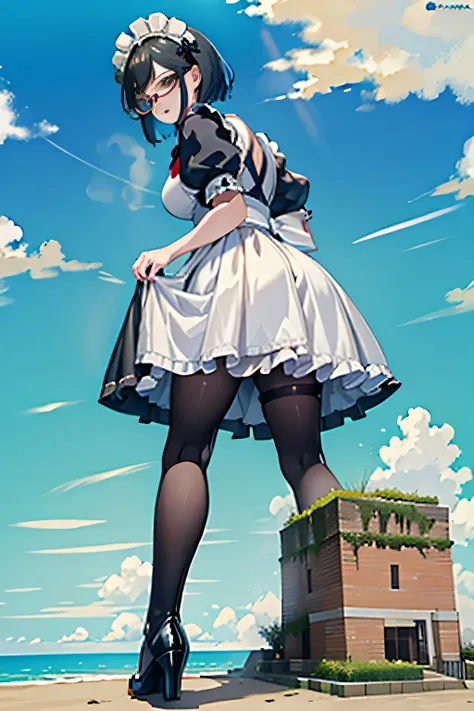 Giantの芸術, 非常に詳細なGiantショット, Giant, short hair, black pantyhose, A maid that is much bigger than a skyscraper, wearing rimless glasses, big breasts, big ass, navy maid uniform, black pantyhose, black shoes, very small metropolis, miniature metropolis, full b...