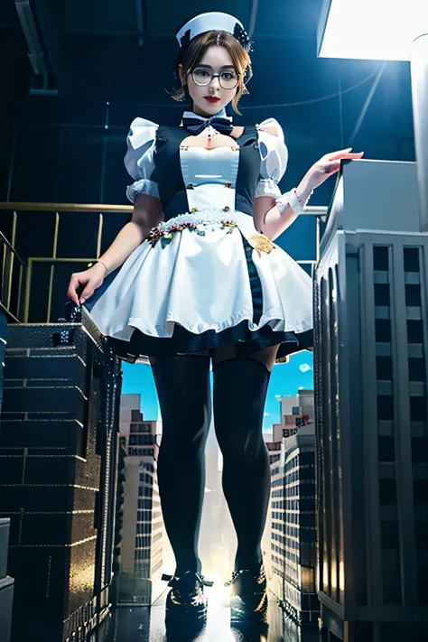 Giantの芸術, 非常に詳細なGiantショット, Giant, short hair, black pantyhose, A maid that is much bigger than a skyscraper, wearing rimless glasses, big breasts, big ass, navy maid uniform, black pantyhose, black shoes, very small metropolis, miniature metropolis, full b...