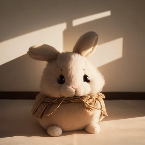 best quality, 32k, RAW photo, incredibly absurdres, extremely detailed,  cute handcrafted stuffed rabbit doll sneaks a peek at you from the shadows