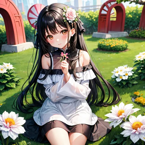 black hair、one cute girl、alone、and soul、flower garden、blush、white cheongsam、off shoulder、mini skirt