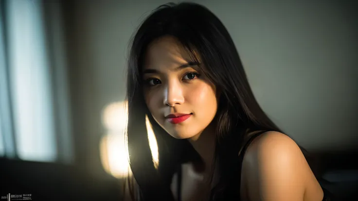 highest quality, epic realistic, ((in the pitch black darkness :1.4)), ((portrait:1.5)),(background: dark ) high contrast ,glorious picture, lowest lux, lighting face, shes comfortable, wearing lingerie, looks incredible, (8k, Raw photo, Highest quality),(...