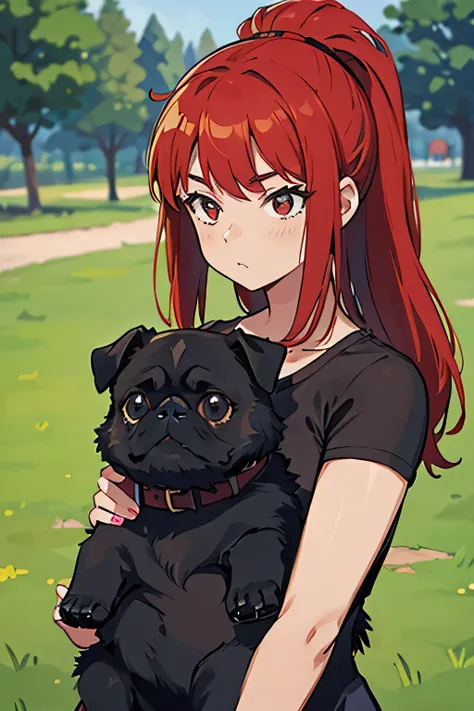 A fit redheaded girl and her black pug