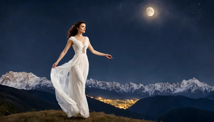 Graceful and fluttering nymph, "Rachel Weisz com vestido Branco longo", caminhando a noite, and with a night sky with moon over snowy mountains　The stars are beautiful
