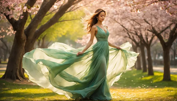 girl "Jessica Alba" with Green long dress,scattered cloth,full body,under sakura trees,illustration,textured,detailed,sunlight filtering through the branches,vibrant colors,soft focus,wind blowing her hair,peaceful atmosphere,warm color palette,subtle shad...