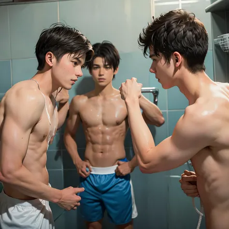 In the showers the 4 boys from the soccer team shower after the game, they are all 15 years old