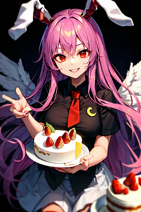 "(best quality,highres:1.2),reisen_udongein_inaba_touhou,angel wings long black wings,glowing,holy,edgy,smiling,fully clothed,ha...