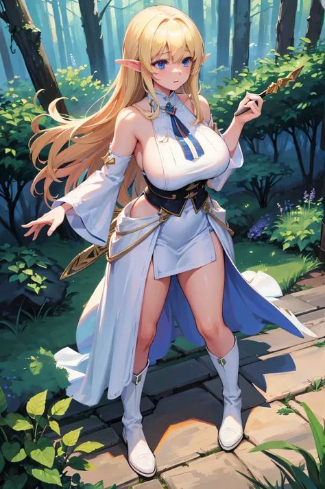 4K,High resolution,one woman,goblin,blonde,long hair,blue eyes,big breasts,wizard,White skimpy dress,white boots,magic wand,town in the forest