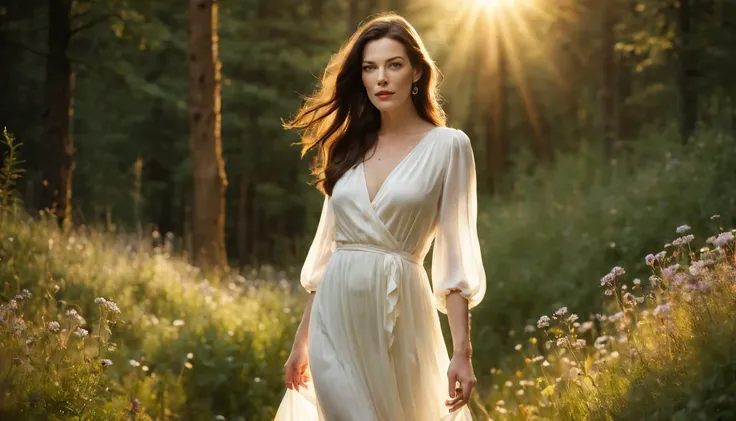 Beautiful girl "Liv Tyler", full body dress White silk dress delicate and beautiful，detaileds，realisticlying，hyper realistic photography，8K UHD，dslr camera，The sun shines in the forest ，hightquality，film grains，Wildflowers are beautiful，The morning sun ove...