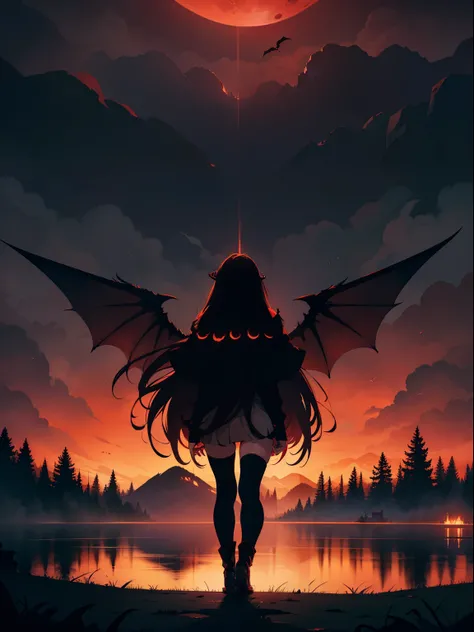 illustration, dark theme, (red moon:1. 2), (night, fog, dystopia, lake, burning hell, despair), long hair, huge wings, robe, legwear, boot, (from away:1. 05), far, wide shot, 16k, UHD, HDR, (Masterpiece:1. 5), (best quality:1. 5),