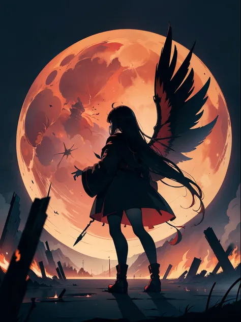 illustration, dark theme, (red moon:1. 2), (night, fog, dystopia, lake, burning hell, despair), long hair, huge wings, robe, legwear, boot, (from away:1. 05), far, wide shot, 16k, UHD, HDR, (Masterpiece:1. 5), (best quality:1. 5),