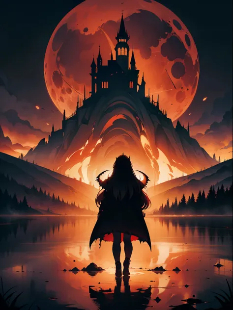 illustration, dark theme, (red moon:1. 2), (night, fog, dystopia, lake, burning hell, despair), long hair, huge wings, robe, legwear, boot, (from away:1. 05), far, wide shot, 16k, UHD, HDR, (Masterpiece:1. 5), (best quality:1. 5),