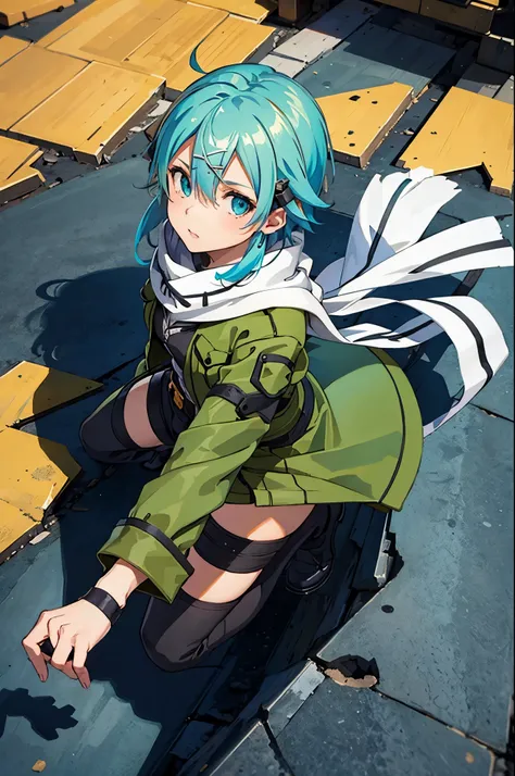 (masterpiece), best quality, expressive eyes, perfect face, highres, sinon1, scarf, fingerless gloves, long sleeves, short short...