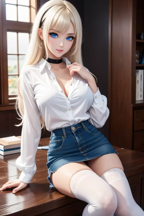 best quality, 32k, RAW photo, incredibly absurdres, extremely detailed, intelligent beauty, amorous expression, lewd expression, white glossy flowing layered messy iridescent medium hair, sparkling big blue eyes, (wearing unbuttoned white shirt, black tigh...