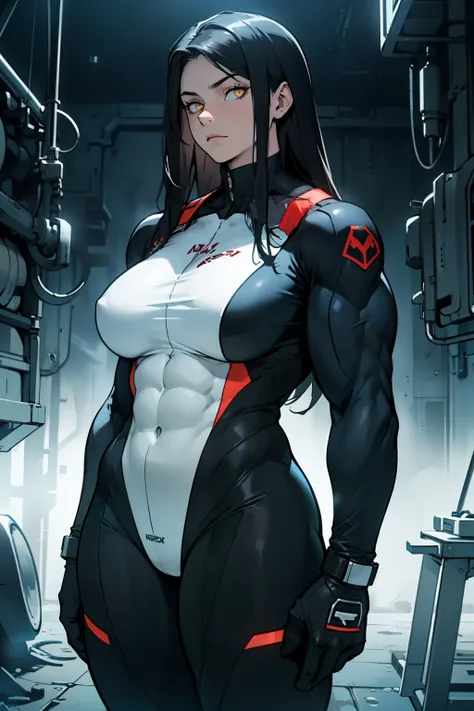 (1girl), black hair, (extremely long hair), yellow eyes ((((((muscular)))))), (((huge breasts))), ((((thick thighs)))), solo, sad, (pale skin thick), cowboy shot, (((full bodysuit))) dark atmosphere