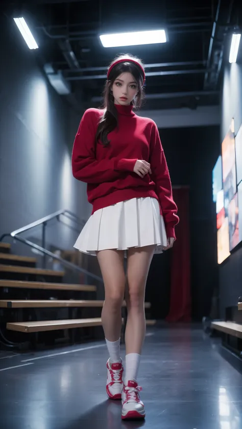 (best quality, masterpiece:1.2), pus, headband, red sweater, ruffled white skirt, sneakers, permanent, looking at the audience, ...