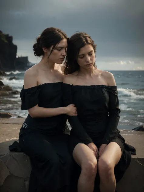 ((Jeremy Lipking style)) ((Nicola Samori style)) two very ugly sad sitting women, ((long black dress)), front, sky, sea, rocks, hair up, (oil on linen), (photo by nikon d800, 50mm zeiss
lens), spotlight, ((two women hugging))