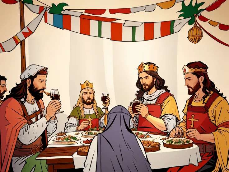 there are many people sitting at a table eating and drinking, medieval feast, by Hristofor Zhefarovich, jesus wasted at a party, bible illustration, celebrating a king being crowned, by Krzysztof Boguszewski, sukkot, immensely detailed scene, dnd last supp...