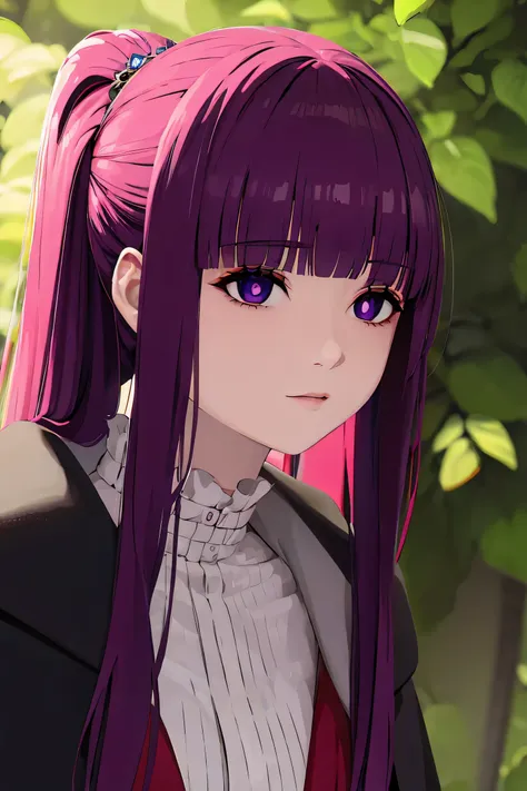 fern, long hair, bangs, (purple eyes:1.1), purple hair, sidelocks, blunt bangs, (bright pupils:1.5), half updo, BREAK red dress with a red cape, BREAK looking at viewer,standing,hands in pockets, BREAK outdoors, BREAK (masterpiece:1.2), best quality, high ...