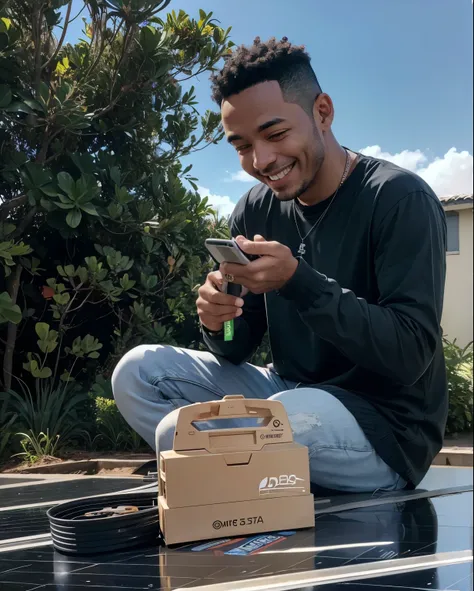 homem nordestino sorridente sentado em um painel solar com uma caixa de fios 