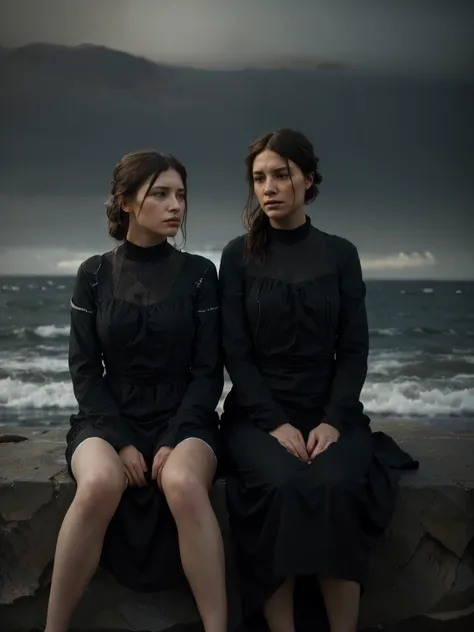 ((Jeremy Lipking style)) ((Nicola Samori style)) two very ugly sad sitting women, ((long black dress)), front, sky, sea, rocks, hair up, (oil on linen), (photo by nikon d800, 50mm zeiss
lens), spotlight, ((two women))